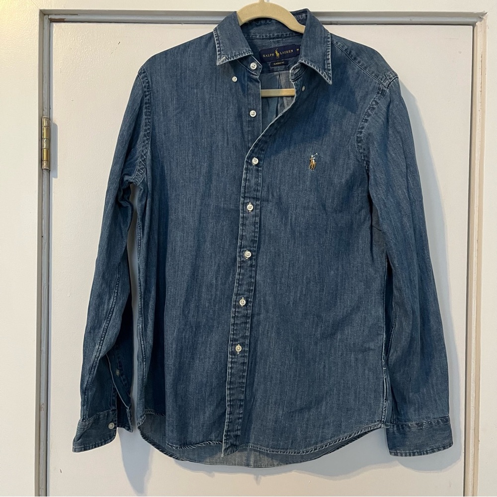 Ralph Lauren Men's Classic Blue Denim button down shirt size medium cotton